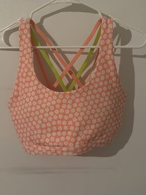 Fabletics Coral Daisy Strappy Sports Bra with Lime Accent